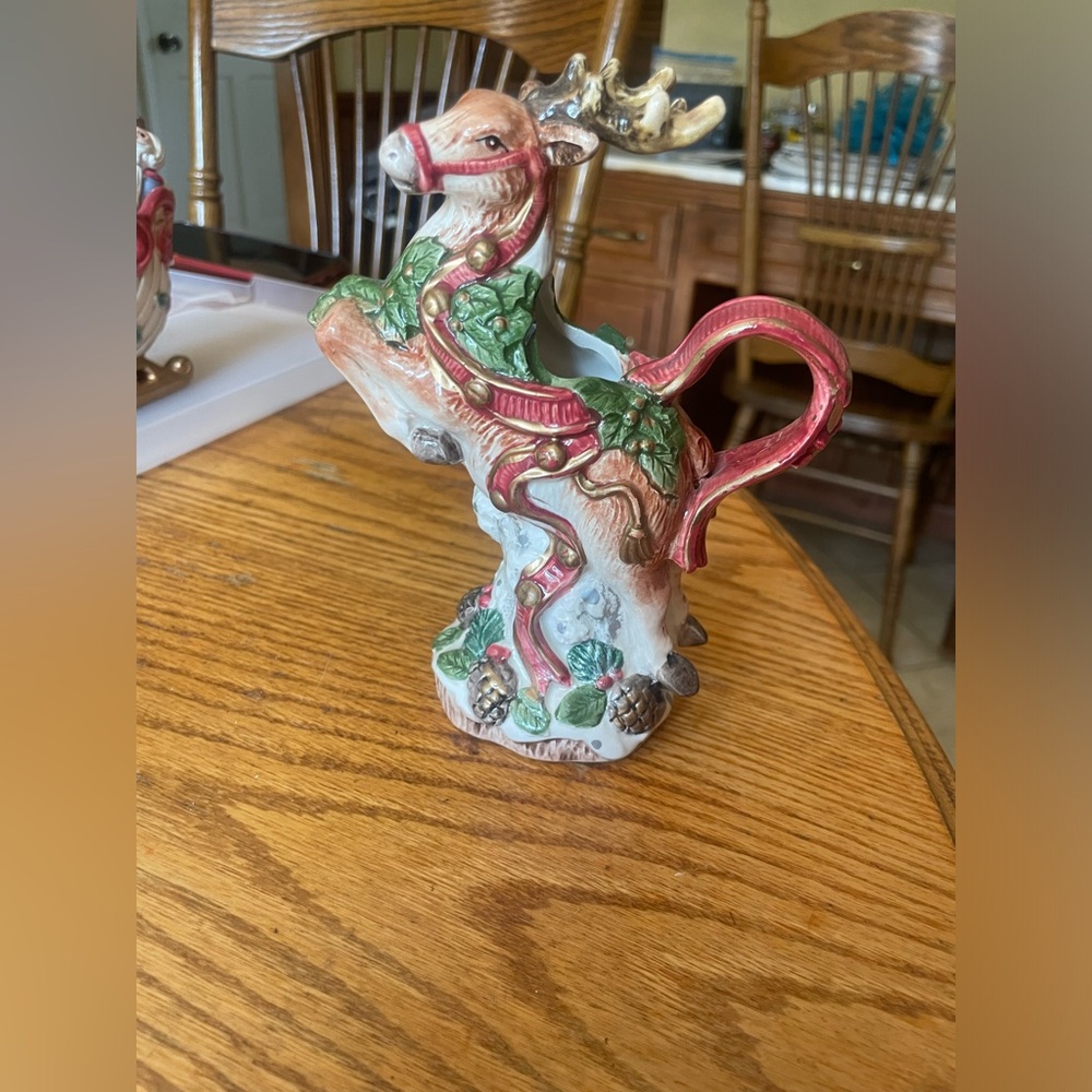Fitz and Floyd Kris Kringle Reindeer Creamer & Sleigh Sugar Dish with Ladle